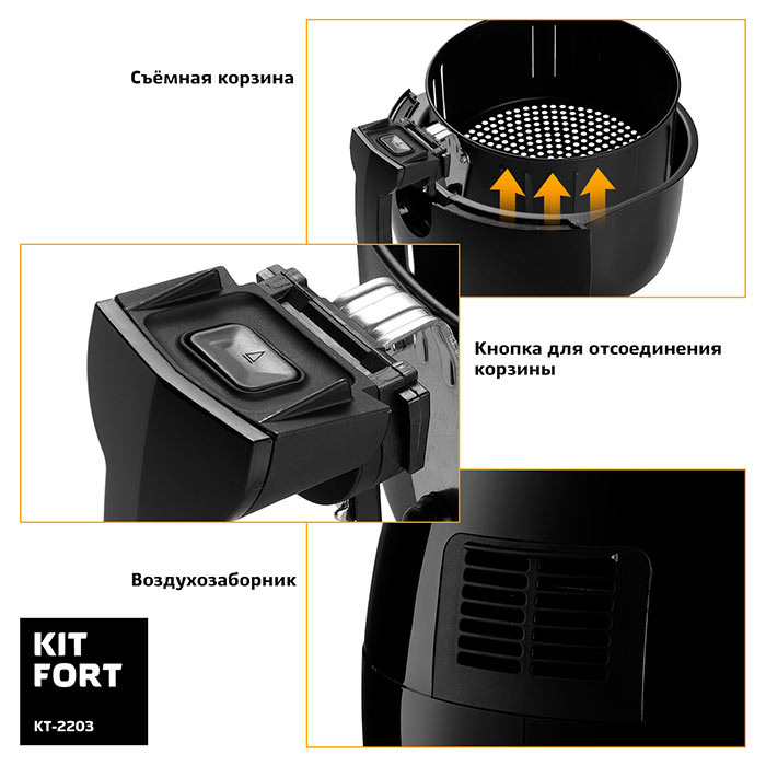 Корзина, воздухозаборник и кнопка отсоединения корзины у Kitfort kt-2203