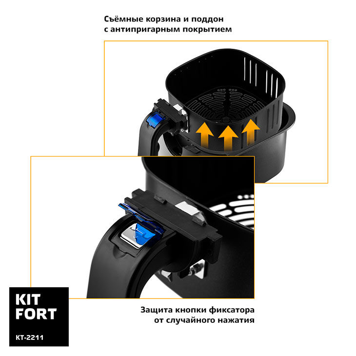 Корзина, поддон и защита кнопки фиксатора от случайного нажатия у Kitfort KT-2211